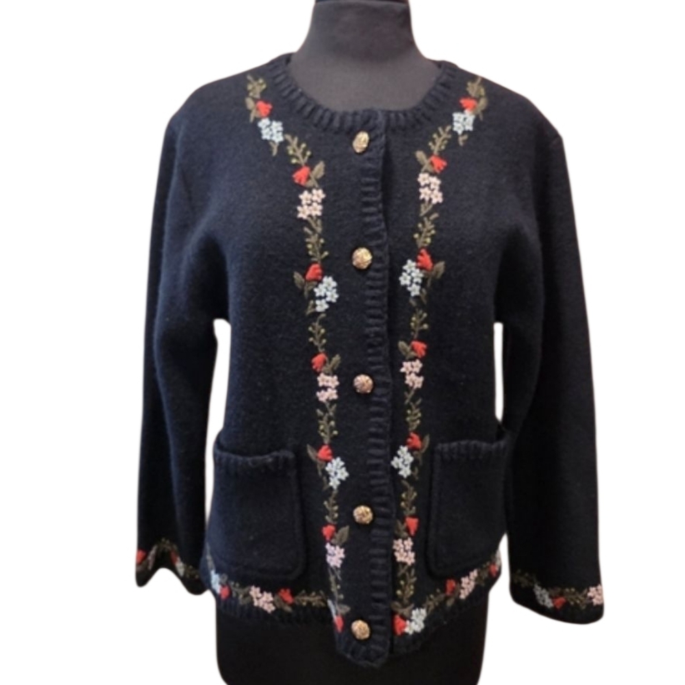 Vintage 90s Boiled Wool Black Cardigan Medium Floral Embroidered Sweater